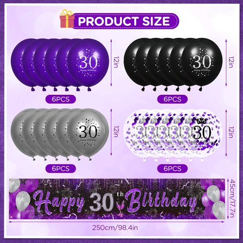 Purple 30th Birthday Decorations for Women, Black Purple Silver Happy 30th Birthday Yard Banner and 24pcs 30th Birthday Balloons for 30th Birthday Anniversary Party Supplies Indoor Outdoor Decor