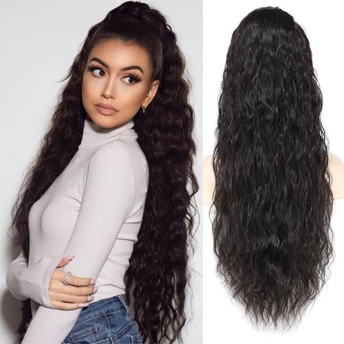 KETHBE Ponytail Extension, 26 Inch Drawstring Ponytail Hair Extensions Synthetic Long Curly Wavy Hair Extensions Ponytail Thick Hair Pieces for Women (Natural Black)