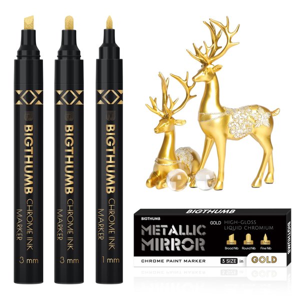 BIGTHUMB 3Pcs Liquid Chrome Paint Markers, Gloss Mirror Marker, Oil-based Permanent Chrome Maker, Reflective Metallic Pen Markers for Repairing, Model Painting DIY Art Projects, Gold