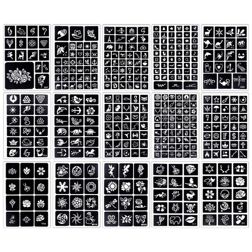 MCPINKY 396PCS Temporary Tattoo Stencils, 15 Sheets Henna Tattoo Stencil Kit for Women Girls Glitter Semi Permanent Tattoo Body Art DIY