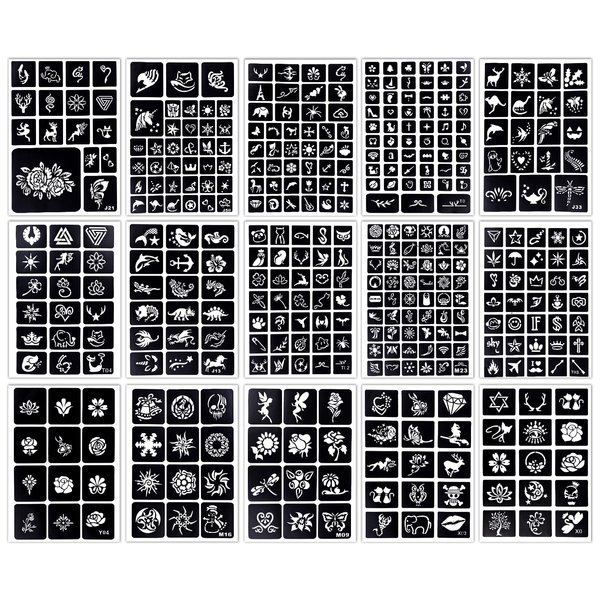 MCPINKY 396PCS Temporary Tattoo Stencils, 15 Sheets Henna Tattoo Stencil Kit for Women Girls Glitter Semi Permanent Tattoo Body Art DIY