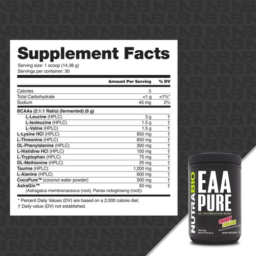 NutraBio – EAA Pure – 9 Amino Acids – Muscle Repair and Recovery, 30 Servings, Cherry Limeade – Pre or Post Workout – All Day Recovery