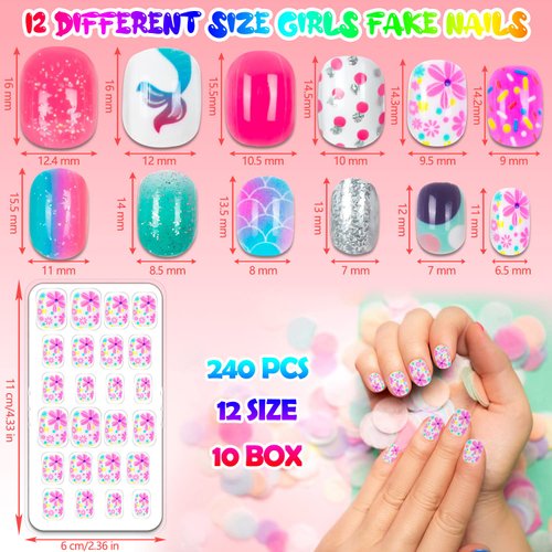 240 Pieces Fake Nails for Kids Girls Artificial Kids Press on Nails Full Cover Short Acrylic Stick On Nails False Nail Tips Kit for Children Little Girls Nail Art Decoration (Gradient)