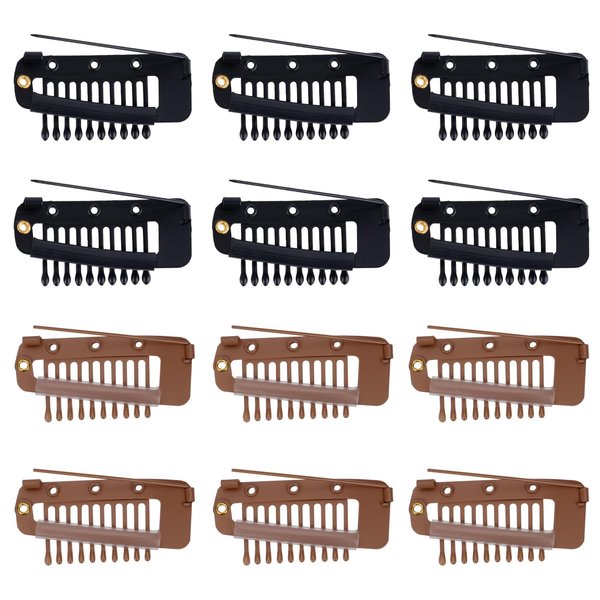 12pcs Wig Clip with Safety Pins, 10-Teeth Hair Extension Snap Invisible Wig Combs to Secure Wig No Sew Chunni Grip Dupatta Clips for Girls Women Wig Headscarf Hijab & Tikka (Black, Brown)