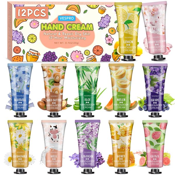 VESPRO 12 Pack Hand Cream Gifts Set For Women, Bulk Hand Lotion Travel Size for Dry Cracked Hands, Mini Hand Lotion for Mother's Day Gifts, Birthday Gifts and Baby Shower Party Favors