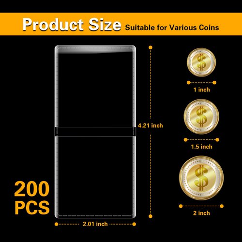 200-Pack 2 x 2 Inch Double-Pocket-Coin-Flips - Coin Pocket Holders, Unplasticized Coin Sleeves, Vinyl Coin Collection Holder for Long Term Coin Storage, Safety Coin Flips, Vinyl Coin Flips