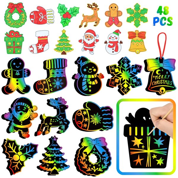 Leesgel Christmas Scratch Craft Kits for Kids, Christmas Magic Scratch Art Paper Party Game Supplies, DIY Santa Claus Scratch Art Cards for Party Favors Ornaments