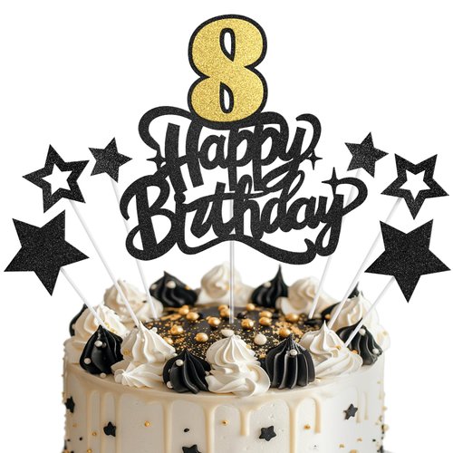 Happy 8th Birthday Cake Topper, 8th Birthday Party Decorations, 8 Cake Topper, Cake Supplies for Boy and Girl, Black and Gold