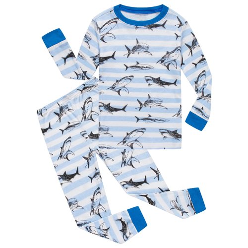 KikizYe Shark Little Boys Long Sleeve Pajamas 100% Cotton Stripe Sleepwear Toddler Size 2T