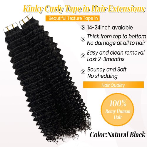 Kinky Curly Tape in Hair Extensions, Real Hair Extensions Tape in Extensions 20 inch Remy Hair Extensions Double Sided Strong Seamless Tape ins Kinky Curly Remy Hair 20pieces 50gram for Black Women