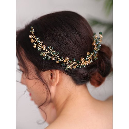 Rumtock Emerald Green Rhinestones Beads Champange Hair Comb for Wedding Brides Women Girls Side Headpiece Handmade Vintage Jewelry