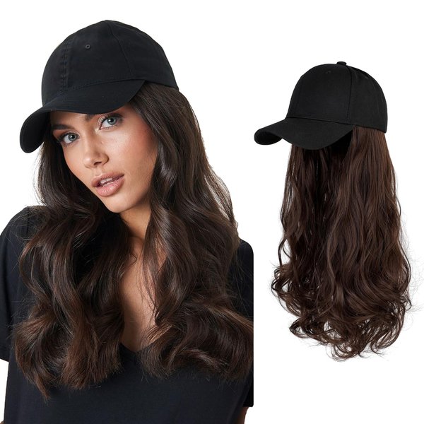 AynnQueen Baseball Cap with Detachable Hair Extensions for Women 21 inch Long Wavy Synthetic Hair with Adjustable Hat Wig Attached Black Baseball Cap (Medium Brown)