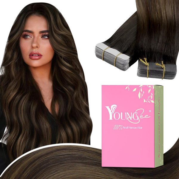 YoungSee Tape in Human Hair Extensions Brown Balayage Tape in Extensions Human Hair Dark Brown Balayage Invisible Tape in Hair Extensions Human Hair Ombre 20 Inch 20pcs 50g Tape in Hair Durable