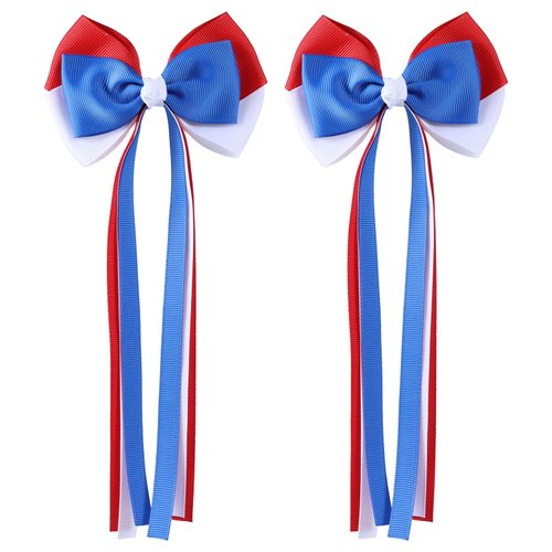 4th of July Long Ribbon Hair Bow Clips, Patriotic Red White Blue Cheer Barrettes Alligator Hair Pins, Independence Day Outfit Decor Accessories Holiday Gift for Teen Toddler School Girls Kids