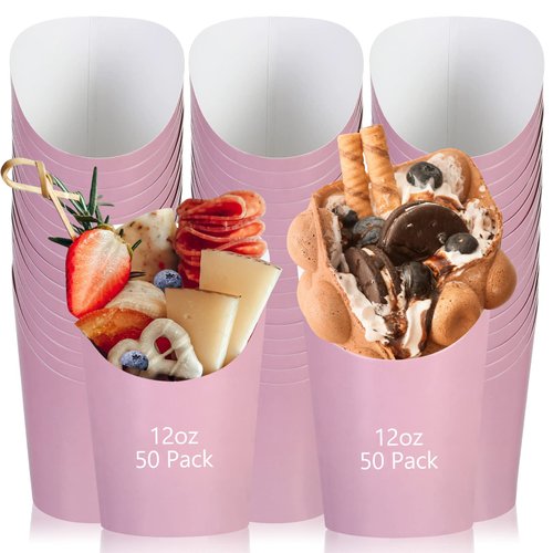 Sabary 50 Pcs French Fry Cups Charcuterie Favor Cups 12oz Disposable Paper French Fries Holder Fry Cups for Baby Shower Birthday Party Waffle Popcorn Food Takeout(Pink)