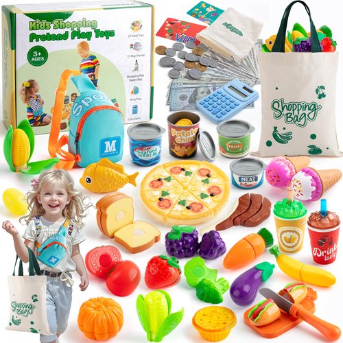 68 PCS Cutting Play Food Sets for Kids Kitchen - Fake Food Fruits, Veggies, Money Play and Calculator, Storage Bag, Pretend Food Toys Role Pretend Play for for Toddler Children Kids Birthday Gift