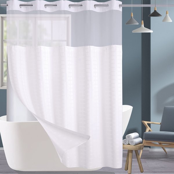 Conbo Mio Hotel Style Fabric Shower Curtain Set with Snap in Liner for Bathroom with See Through Window, Spa, Machine Washable Shower Curtain (Grid-White，71"(W) x 74"(H))