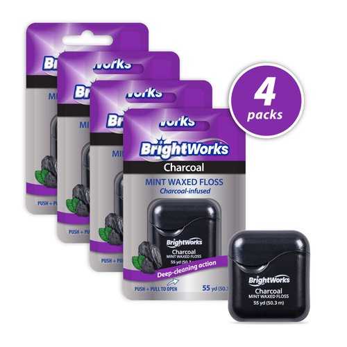 BrightWorks Activated Charcoal Dental Floss - 55 Yards (Pack of 4) - Infused Waxed with Natural Fresh Mint Flavor for Oral Care, Dental Hygiene, and Gum Health