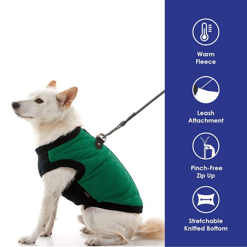 Gooby Fashion Vest Dog Jacket - Green, Small - Warm Zip Up Dog Bomber Vest with Dual D Ring Leash - Winter Water Resistant Small Dog Sweater - Dog Clothes for Small Dogs Boy or Medium Dogs