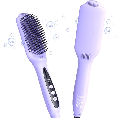 Hair Straightener Brush Heated Straightening Brush: LANDOT Negative Ion Hot Hair Brush Straightener for Smooth Frizz-Free Hair - Dual Voltage Ceramic Straightening Brush