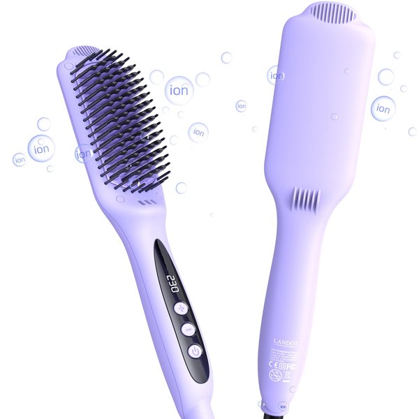 Hair Straightener Brush Heated Straightening Brush: LANDOT Negative Ion Hot Hair Brush Straightener for Smooth Frizz-Free Hair - Dual Voltage Ceramic Straightening Brush