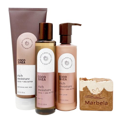 Bath & Body Works Coco Shea Rich Moisture - Trio Gift Set - Body Wash, Body Lotion and Body Oil With a Yamma Jamma Bar Soap.