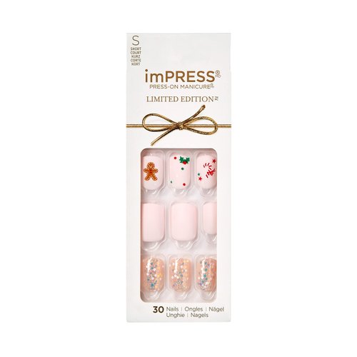 KISS imPRESS Limited Edition Holiday Press-On Manicure with PureFit Technology, Short Length, Square Shaped, Pink Press-On Nails, Style 'Dear Santa’