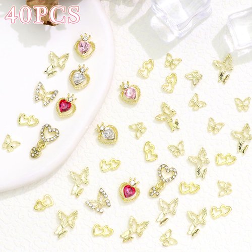 RODAKY 40PCS Butterfly Nail Charms Gold 3D Alloy Butterfly Nail Art Charms Dangle Heart Charms for Nail Multi Style Nail Gems Rhinestone Luxury Nail Decoration for Manicure Design