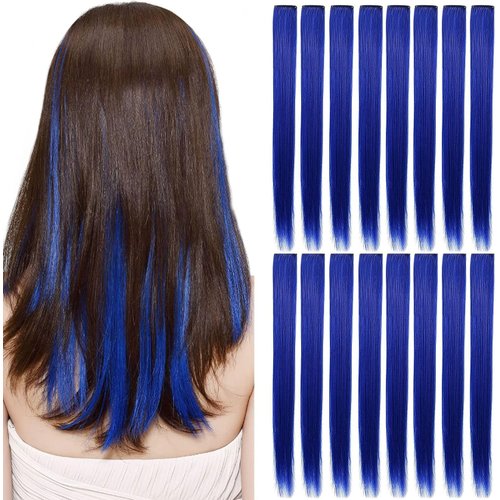ZHIRXIN 16 PCS Colored Hair Extensions 21 Inch Long Straight Hairpieces Clip in Synthetic Wig, Halloween Cosplay Dress Up Fashion Party Present for Women Kids Girls (Blue)