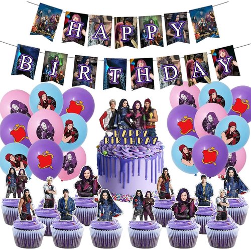 Hanjiejie Descendants birthday party supplies,Descendants party including cake caps, cupcake caps, flags, Latex Balloons, It is very suitable for boy's and girl themed birthday party supplies.