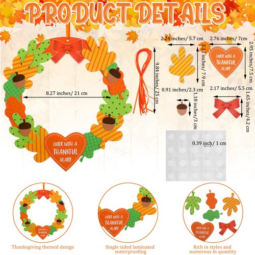 Engrowtic 24 Sets Thanksgiving Wreath Craft Enter with a Thankful Heart Wreath Craft Kits DIY Maple Acorn Hanging Ornament Home Door Decorations Fall Activities Party Favors