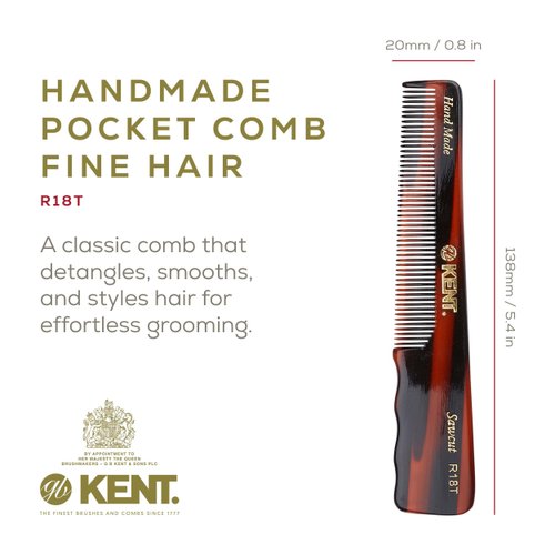 Kent R18T Fine Tooth Comb for Men, Handmade Hair Comb for Styling Comb for Men with Fine Hair, Mustache Comb and Pocket Beard Comb for Men with Thumb Grip, Saw Cut and Hand Polished, Made in England