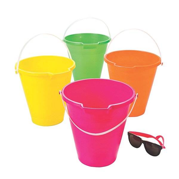 Fun Express Bright Neon Sand Buckets - 9" Colorful Plastic Buckets with Handles - Perfect for Toys, Beach, Parties, and Vacation Bible School Supplies - 4 Pieces