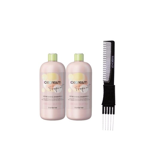 kuss Inebrya Ice Cream Frequent Refreshing Shampoo (33.81 oz) with Teasing Comb Pack of 2