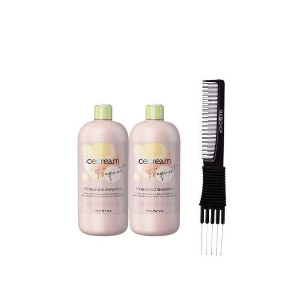 kuss Inebrya Ice Cream Frequent Refreshing Shampoo (33.81 oz) with Teasing Comb Pack of 2