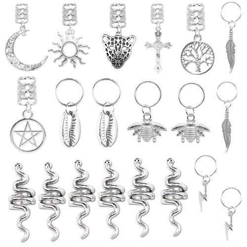 NAISKA 20PCS Silver Cross Seashell Hair Braid Jewelry Accessories Halloween Snake Loc Dreadlock Jewelry for Braids Hair Clip Decoration Hair Cuffs Coils Rings Pendants for Women and Men
