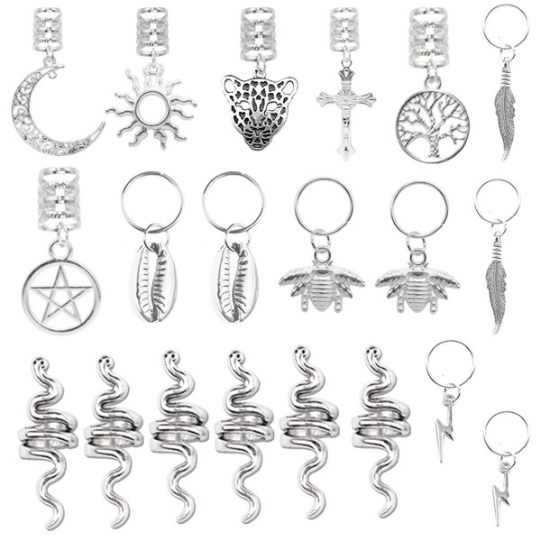 NAISKA 20PCS Silver Cross Seashell Hair Braid Jewelry Accessories Halloween Snake Loc Dreadlock Jewelry for Braids Hair Clip Decoration Hair Cuffs Coils Rings Pendants for Women and Men