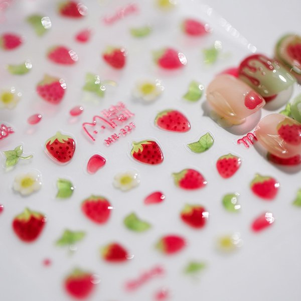 Fruit Nail Art Stickers Decals Strawberry Nail Stickers 5d Embossed Self-Adhesive Nail Art Decals Strawberries Flowers Leaves Design Nail Art Sliders Summer Nail Art Supplies for Manicure Decoration