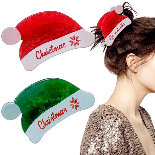 2 Pack Christmas Hat Hair Claw Clips for Girls Acrylic Jaw Clips Christmas Themed Styling Barrette Hair Accessories for Women Girls Thin and Thick Hair (Green and Red)