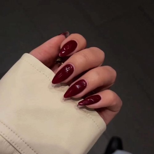 KQueenest 48 Pcs Dark Red Press on Nails Almond Medium Length, Press on Burgundy Nails, Solid Color Medium Fake Nails Acrylic, Stiletto Nails Glue on, Gel Stick on Nails for Women Finger Decoration