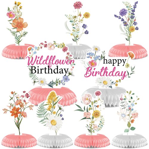 Rngmsi Flower Birthday Table Decorations - 9PCS Wildflower Birthday Party Decorations Spring Birthday Party Table Decor Supplies Floral Birthday Party Honeycomb Centerpiece Decorations for Girls Women