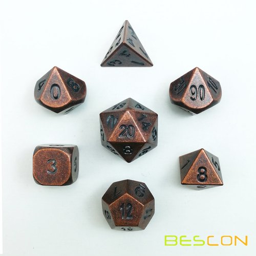 Bescon Antique Copper Solid Metal Polyhedral D&D Dice Set of 7 Old Copper Metal RPG Role Playing Game Dice 7pcs Set