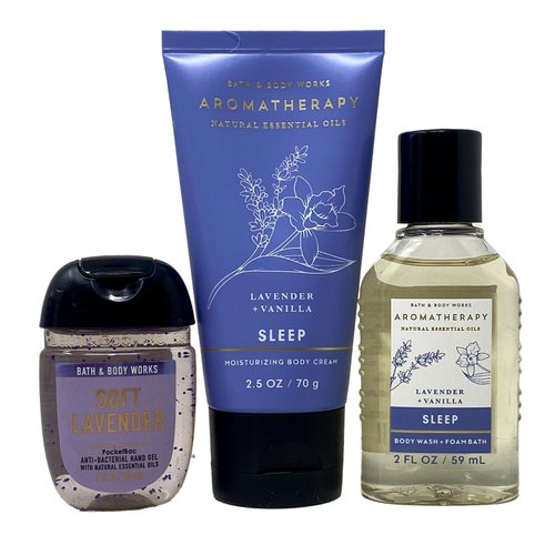 Bath & Body Works Aromatherapy Sleep Lavender + Vanilla You're A Dream Travel Gift Bag Set - Body Cream - Body Wash + Foam Bath - Hand Gel Travel Size with a Himalayan Salts Springs Sample Soap.