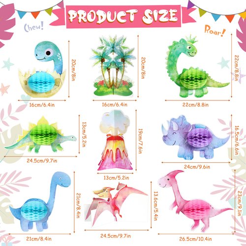 Hotop 9 Pcs Pink Watercolor Dinosaur Party Honeycomb Centerpiece Little Dino Center Piece Birthday Supplies 3D Table Toppers for Kids Girls Baby Shower Decor Props