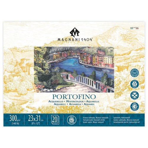 Magnani 1404 Portofino Hot Press 100% Cotton Watercolor Paper Block, 20 Sheets, 9x12", 140 lb, Acid-Free, UV Resistant, Vegan Sized Water Color Paper for Artists, Made in Italy