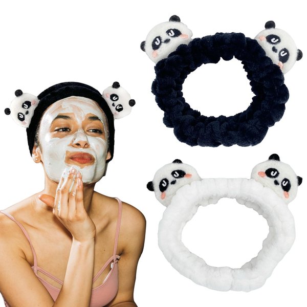 Melbelia Spa Headband for Washing Face Cute Panda Makeup Headband Elastic Spa Hair Band Girls Women Head Bands for Cosmetics Shower Facial (Black and White)