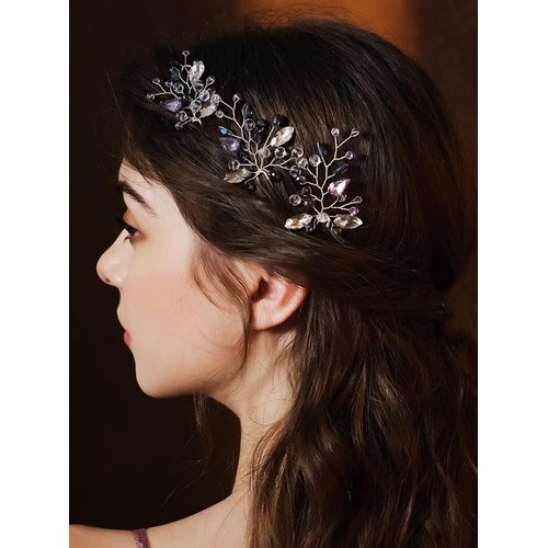 JWICOS 3pcs Purple Wedding Hair Pins Bridal Crystal Hair Pins Wedding Hair Accessories Hair Piece for Prom Costume Party