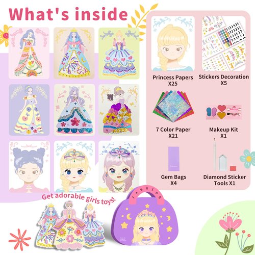 Art Paper Craft Kit, Princess Fashion Sticker Book, Foil Art Kit for Kids, Toddler Arts and Crafts Supplies, Dress up DIY Art Kit for Kids, Diamond Painting Creativity for Kids, Birthday Gifts