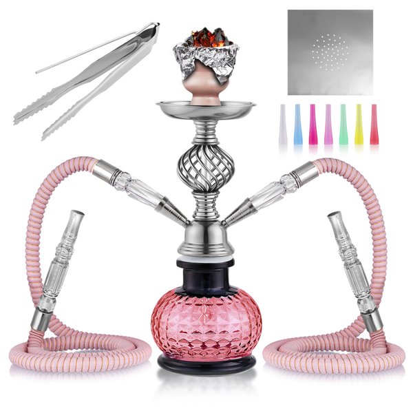 Hookah Set, 12'' 2 Hose Hookah Complete Set With Everything - Mini Ball Shisha Hookah Glass Vase Hollow-Carved (Pink)