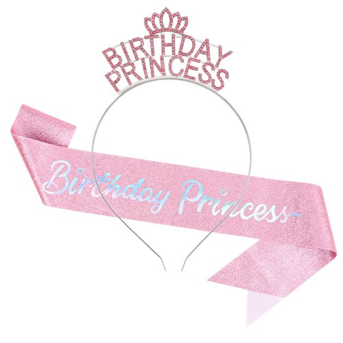Ondder Birthday Sash and Tiara for Women Birthday Princess Tiara Crown Headband for Girls with Glitter Sash- Pink